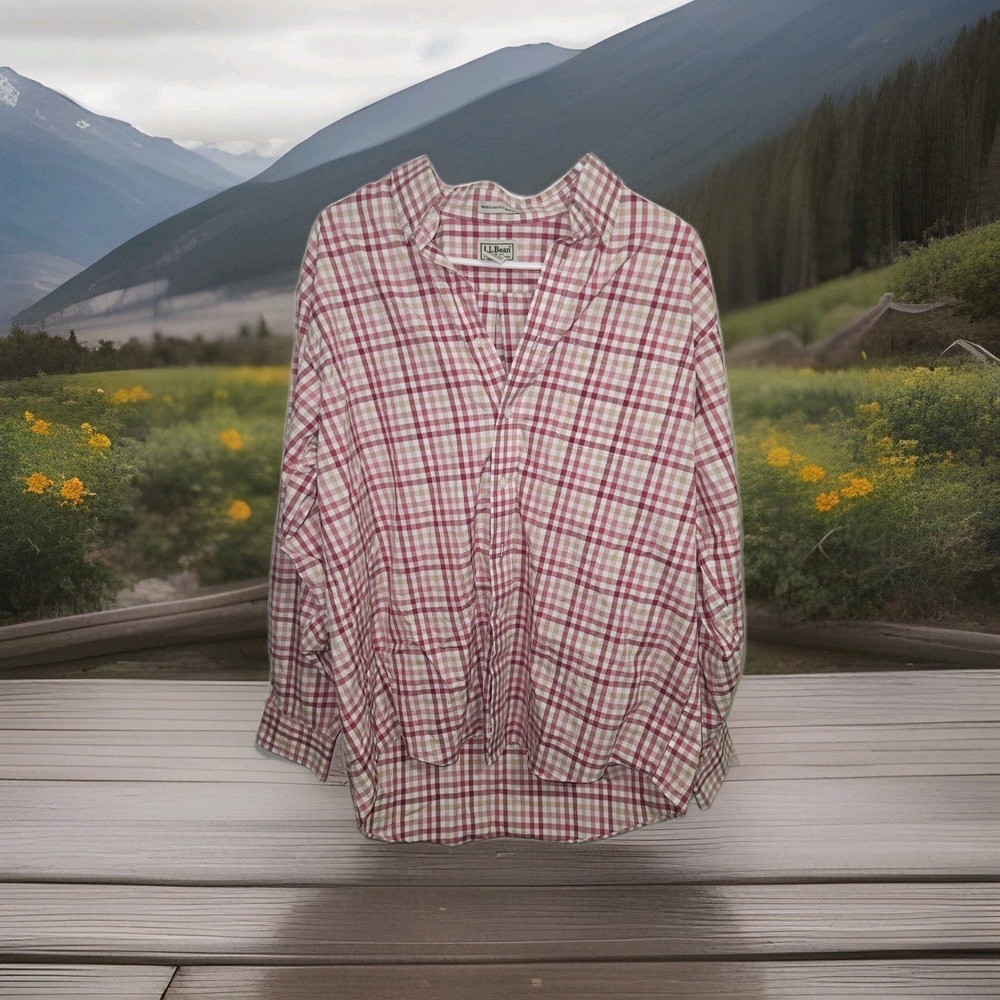 L.L.Bean red, pink, and tan plaid Wrinkle Stain Resistant Mens‎ Lg Outdoors